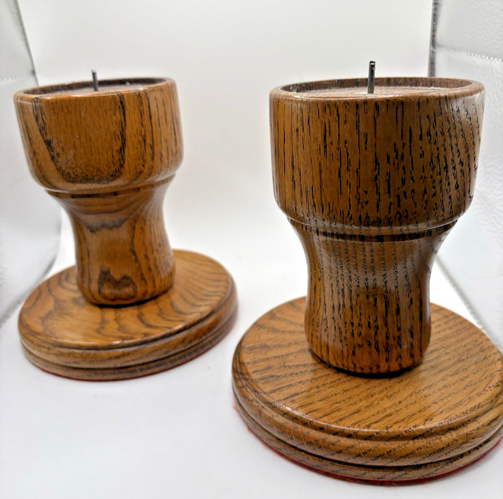 Chunky MCM Turned Wood Oak Candlestick Candle Holders Set of 2 Handmade 6" Vtg